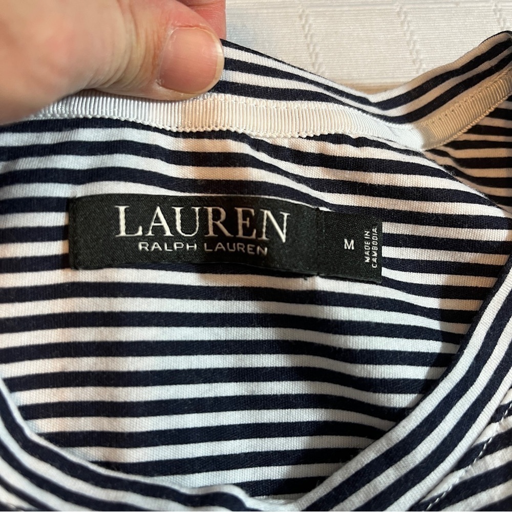 Lauren Ralph Lauren Navy and White Striped Shirt Dress Monogram Pocket Medium - Picture 6 of 7